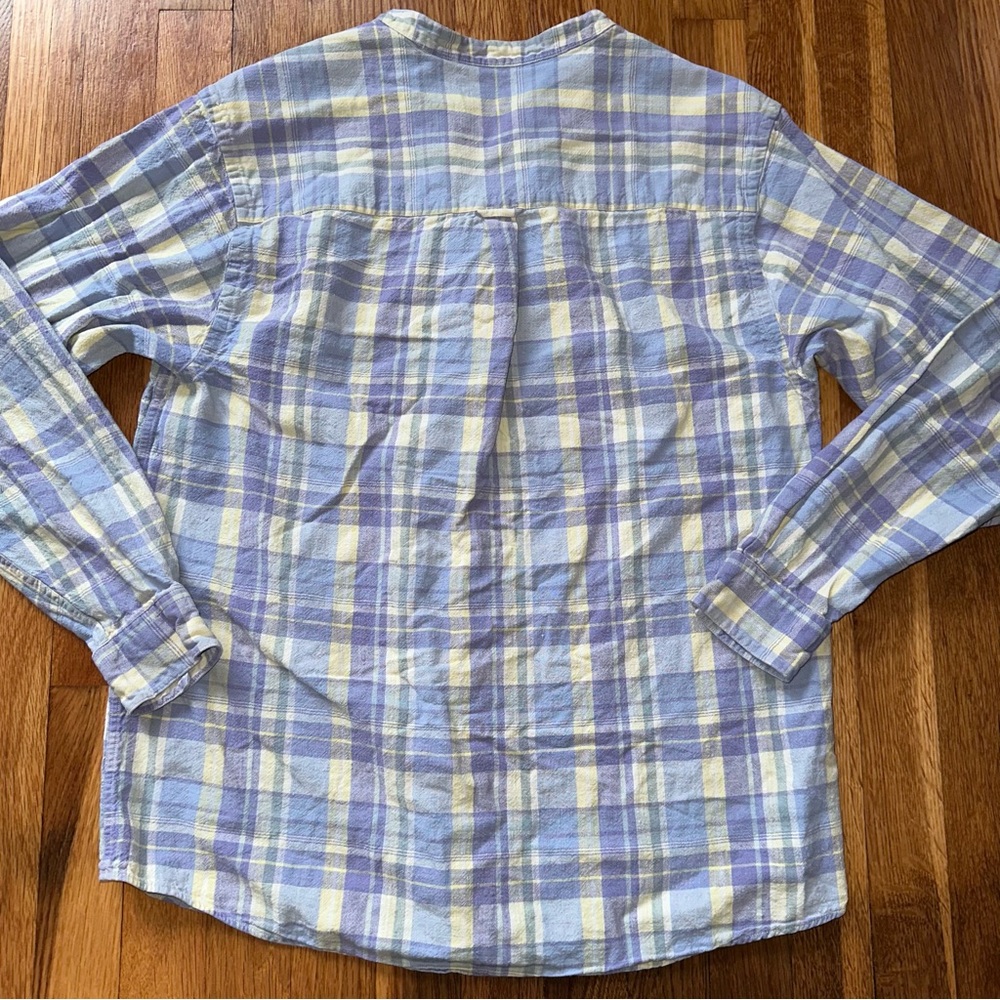 L.L.Bean Women’s M Light Blue Lavender Yellow Plaid Linen Shirt Mandarin Collar - Picture 8 of 11